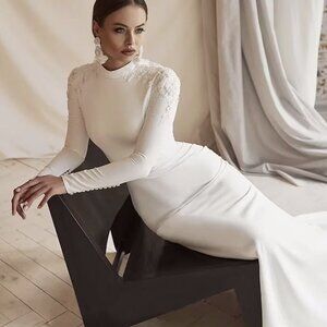 Elegant High Neck Mermaid Weddin with Brush Train | Modest high neck bridal Gown